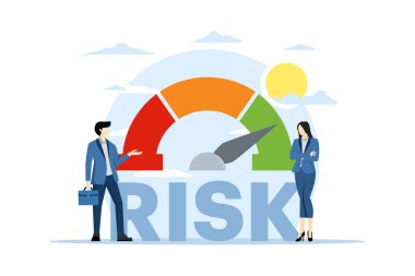 Risk yönetimi konsepti. İş ekipleri riskleri değerlendirir, değerlendirir ve analiz eder. Riskli bir görev. İş ve yatırım konsepti. Büyük metin ve seviye tuşları riski. Arkaplanda düz vektör illüstrasyonu.