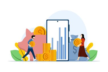 Yatırım, büyüme, fon, finans ve muhasebe, ticaret, mali büyüme, yatırımı analiz eden karakterler, mali başarı ve para büyümesi kavramı. düz tasarım vektör çizimi.