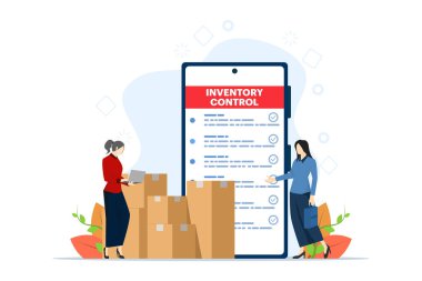 Ürün envanter yönetimi, envanter kontrolü, Depo yönetimi, gelen ve giden malların yönetimi, web siteleri, iniş sayfaları, mobil uygulamalar, posterler ve afişler için illüstrasyon.
