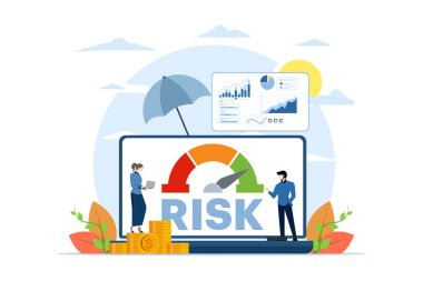 Risk yönetimi konsepti. İş ekipleri riskleri değerlendirir, değerlendirir ve analiz eder. Riskli bir görev. İş ve yatırım konsepti. Büyük metin ve seviye tuşları riski. Arkaplanda düz vektör illüstrasyonu.