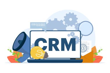 CRM, Müşteri İlişkileri Yönetimi, Müşterilerle çalışma hakkındaki verilerin organizasyonu, Kurumsal Strateji Planlama, İş Veri Analizi, beyaz arkaplandaki düz vektör çizimi.