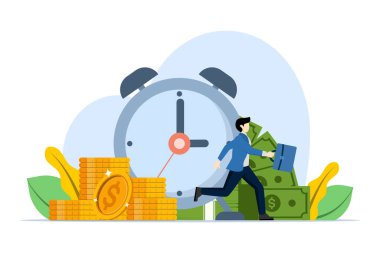 Zaman para konseptidir. Zamanımız ya da zamanımız azalıyor. Kısa vadeli ve uzun vadeli yatırımlar. Saat ve dolar arasında yürüyen bir iş adamı. Beyaz arkaplanda düz vektör illüstrasyonu.