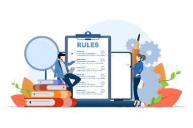 Şirket politikası kavramı, şirket kuralları ve düzenlemeleri tartışan insanlar, Anlaşma, Şirket hukuku ve iş ahlakı, Uyum, web tasarımı, bilgi grafikleri, iniş sayfaları, sosyal medya, uygulamalar.