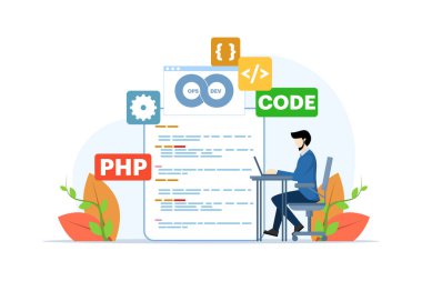 yazılım geliştirme ve işletim programcısı uygulama konsepti, DevOps metodolojisi, teknik destek, otomasyon süreci, yazılım geliştirme ve işlemler vektör düz çizim şablonu.