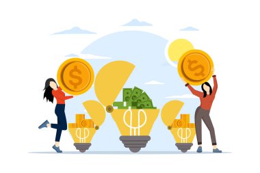 Yaratıcı fikirler ve finansal yatırım kavramı. İş adamları para toplayıp ampullere, başarıya, yatırıma, depozitoya, iş planına yatırıyorlar. düz vektör illüstrasyonu.