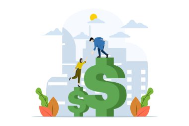 İş çalışanlarının birbirlerine yardım etmesi, birbirlerine destek olmaları ve yardım etmeleri, başarı ve gelişme, kurumsal ilişkiler ve işbirliği için birlikte çalışmaları kavramı. vektör illüstrasyonu.