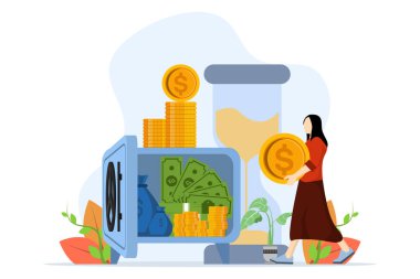 Para biriktirme ve kâr kavramı, finansal hedefler, tasarruf edilecek madeni paralar, kişisel mali yönetim ve finansal okur yazarlık. Servet yönetimi ve yatırım planları. vektör illüstrasyonu.