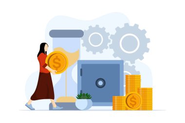 Para biriktirme ve kâr kavramı, finansal hedefler, tasarruf edilecek madeni paralar, kişisel mali yönetim ve finansal okur yazarlık. Servet yönetimi ve yatırım planları. vektör illüstrasyonu.