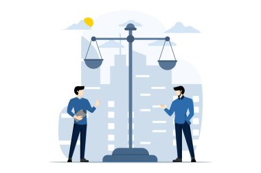 Yasal danışmanlık konsepti. Hukuk ve adalet sahnesi, avukat danışmanlığı, danışman müvekkil, adalet terazisi, hukuki tavsiye, müvekkil ile avukat istişare, beyaz arka planda düz vektör çizimi.