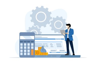 Minik insan bilgisayarda fatura hazırlar, karikatür muhasebecisi KDV, maaş ve ödenmiş para hakkında rapor verir. Beyaz arkaplanda düz vektör illüstrasyonu.