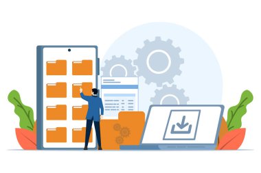 İdari dosya yönetimi, veri arşivleme, klasör, galeri, notlar, veritabanı, veri veya dosya erişim karakterleri kavramı. beyaz arkaplanda düz çizim vektör şablonu.