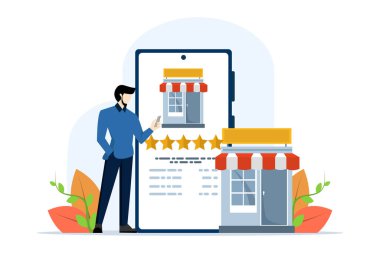 Çevrimiçi mağaza sıralama kavramı, çevrimiçi mağaza derecelendirme ve geri bildirim, müşteri değerlendirmeleri, e-ticaret, çevrimiçi alışveriş, alıcı memnuniyeti, güven ölçümleri, en yüksek puanlı ürünler, düz vektör çizimi.