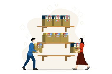 Arşiv belge depolama kavramı, iş adamı belge dosyalarını depolama dolabına koyuyor, kadın ve erkek belge dosyalama yapıyor, beyaz arka planda düz vektör karakter çizimi.