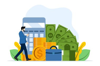 Finansal yönetim, finans yönetimi, iş adamı hesaplama bütçesi, optimizasyon, finansal muhasebe, görevler, UI, afiş, mobil uygulama için düz tasarım vektör ilülasyonu.