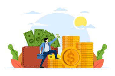Zenginlik ya da gelir kavramı. Büyük cüzdanları, paraları ve paraları olan mutlu bir erkek çalışanın elinde para, maaş, denge ve bütçe var. Beyaz arkaplanda düz vektör illüstrasyonu.