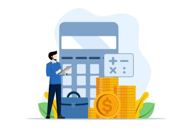 Finansal yönetim, finans yönetimi, iş adamı hesaplama bütçesi, optimizasyon, finansal muhasebe, görevler, UI, afiş, mobil uygulama için düz tasarım vektör ilülasyonu.