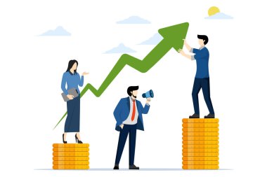 Yatırım, iş başarısı, sosyal ağ, internet reklamcılığı, finans, canlı yayın ve iletişim kavramı. İşletme ekibi yükselen grafiği tutuyor. arkaplanda düz vektör illüstrasyonu.