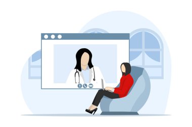 Kadın konsepti sağlık danışmanlığı yapıyor. Kurye ve internet danışmanlığında sohbet ederken kadın terapistle bilgisayar ekranı. Doktora sor. Tıbbi danışmanlık veya çevrimiçi danışma hizmetleri.