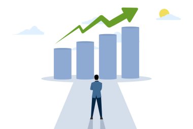 Başarı hedefi konsepti. İş ve mali beklentiler yükselen eylemleri değerlendirir. Gelir kâr grafiği. Infographic araştırma verimliliği yatırım beklentisi ve büyüme tahminleri. düz vektör.