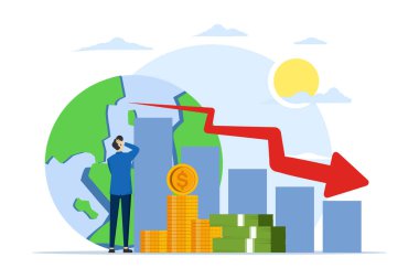 finansal kriz konsepti. Depresyonda olan bu küçük işletmeler bir düşüş yaşıyor. Şirket iflası. Aşağı doğru ok olan grafik ekonomiyi gösteriyor. düz vektör illüstrasyonu.