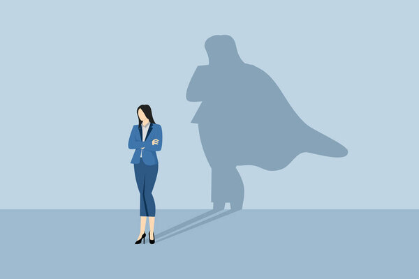 Businesswoman with superhero shadow, superhero leadership in business, successful and powerful leader, confident leadership, business success, ambition or power, career or promotion. flat vector.