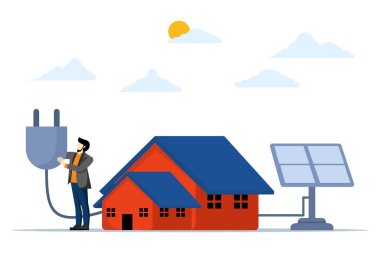 sürdürülebilir enerji kavramı. Elektrik prizi tutan karakter. Güneş enerjisi santralleri, yeşil enerji ve yenilenebilir enerji kavramının vücut bulmuş halidir. Beyaz arkaplanda düz vektör illüstrasyonu.