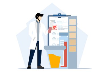 medical test concept. Health care and medicine concept. The laboratory doctor or chemist tests the patient's urine and blood samples. Flat vector illustration on white background.