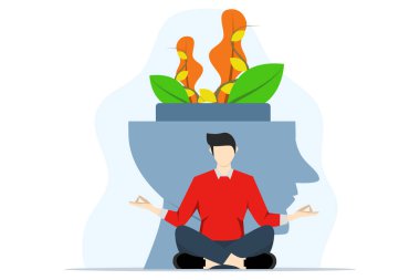 Akıl sağlığı konsepti, stres, depresyon, duygusal yorgunluk ve diğer psikolojik problemlerle mücadele etmek için yoga yapan karakter, psikoterapi. düz vektör illüstrasyonu.