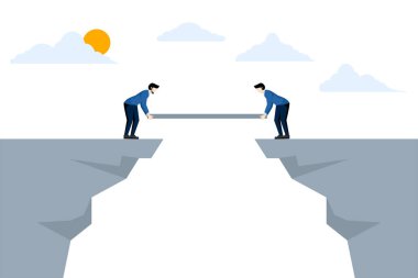 Risk yönetimi, iş dünyası fikri hedef kavramı elde etmek için zorlukları aşmak veya takım çalışması, iş adamı tehlikeli bir uçurumun üzerinden geçmek için ekipman veya malzeme yapımına yardım ediyor.