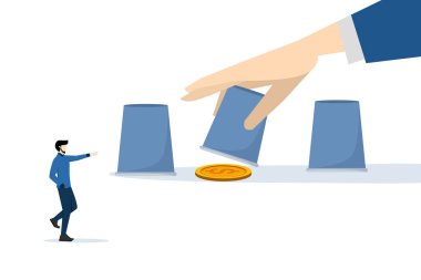 Yatırımları tahmin etme ya da tahmin etme oyununu kazanma konsepti. İşadamı yatırımcı, bir adamın para kazandığını göstermek için doğru bardağı işaret ediyor. düz vektör illüstrasyonu.