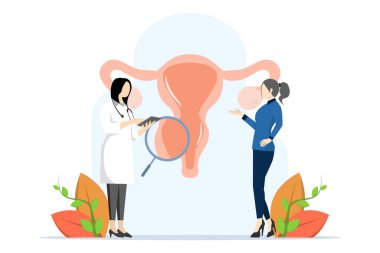 Doktor endometriyozisi tedavi etmek için rahmi büyüteçle inceliyor. Endometriyozis tedavi konsepti, endometriyozis, endometriyal fonksiyon bozukluğu. modern düz vektör illüstrasyonu.