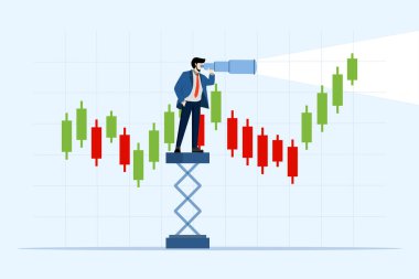 businessman investor looking through binoculars at trading candlestick chart. Investment estimation or prediction, concept of future profits in stock trading, vision of seeing investment opportunities. clipart