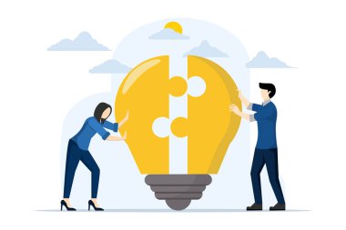 Konsept takım çalışması ya da ticari başarı için ortaklık, fikir kavramı, yenilik ya da sorunu çözmek için yaratıcılık, ampul yapbozunu birbirine bağlayan iş adamı ekibi.