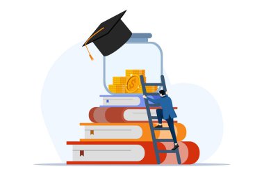 Budget concept for education. Student character investing money in education, taking loan from fellow friends or colleagues. University and tuition fee concept. Flat vector illustration on white background.