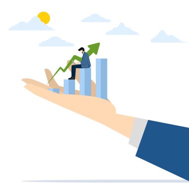 İş desteği veya iyileştirme konsepti, bilgisayar ile çalışan akıllı iş adamı dev elde büyüme grafiği, kariyer büyümesi veya mali gelir grafiği, yatırım büyümesi, gelir artışı kavramı.
