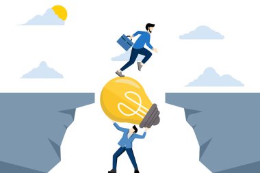 Takım çalışması konsepti, elinde ampul tutan bir iş adamı uçurumdan geçen ortaklar, iş desteği ve takım çalışması konsepti arasında köprü kuruyor. Beyaz arkaplanda düz vektör illüstrasyonu.