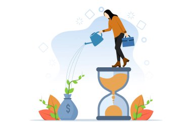 Tasarruf ve yatırım hesabı konsepti, refah, kumlu sularda büyüyen para çantasının üzerinde duran akıllı iş adamı, uzun vadeli yatırım konseptindeki bileşik faiz artışı.