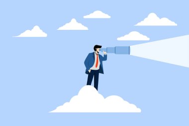 İş fırsatları görme kavramı, şirketlerin hedeflere ulaşma stratejisini görme liderlik vizyonu, iş adamı teleskobu elinde yüksek bulutlar ya da iş vizyonuna bakan dürbünler tutan.