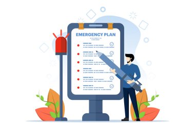 İş acil durum planı konsepti, felakette yapılacaklar listesi, devam eden iş ve dayanıklılık konsepti, siren ışığı saçan acil durum kağıdıyla kalem tutan akıllı iş adamı lideri..