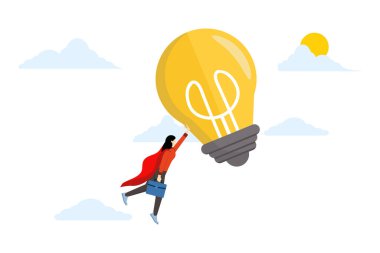 Yenilik ya da hayal gücü kavramı, ticari başarıyı artırmak için büyük fikirler, iş yarışmasını kazanmak için yaratıcılık, büyük ampul fikrini taşıyan dahi kadın girişimci süper kahraman..