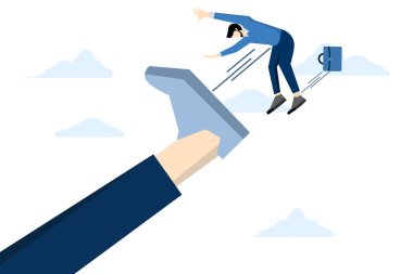 İşten çıkarılan, şirketler işten çıkarılan ya da düşük performanslı çalışanları, kızgın dev patron çalışan işadamını ofisten attı, iş başarısızlığı ya da hata konsepti, düşük performanslı çalışan konsepti.