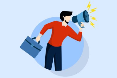 Sosyal medya tanıtım sahnesi konsepti. Karakterler izleyicilerle iletişim kurmak için büyük hoparlörler kullanır. İş promosyonu, reklamcılık, korna çalma, online uyarı. Satışlar ve indirimler.