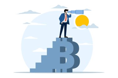 Bitcoin ve kripto para birimi Gelecek Görüş konsepti, yatırım fırsatları veya alternatif finansal varlıklar konsepti, iş adamı fırsatları görmek için dürbün kullanarak Bitcoin merdivenine tırmanıyor.