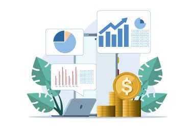 Finans kavramı, satış stratejisi, takım çalışması, şirket bütçesi, büyüme geliri, yatırım sektörü, satış büyüme grafiği veya bar grafiği analizi dizüstü bilgisayarı, beyaz arkaplan üzerinde düz vektör çizimi.