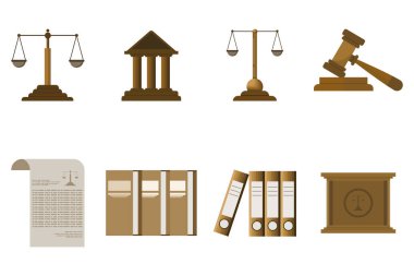 Adalet ikonu ayarlandı. Adalet hukuku, mahkeme hukuku, avukat, karar, otorite, suç ve hapishane ikonları içerir. Beyaz arkaplanda düz vektör illüstrasyonu.