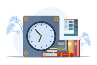 İş Zamanı Yönetimi konsepti, son teslim tarihi, planlayıcı, takvim, takım toplantısı veya randevu, proje planlama veya zaman anımsatıcı, zaman çizelgesi yönetim konsepti, düz vektör illüstrasyon afişi.