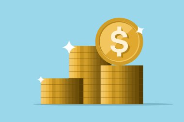 Para yığını konsepti, para yığını ikon, altın para yığını, renkli arka planda izole edilmiş hazine yığını. düz vektör illüstrasyonu.