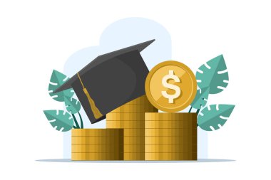 Eğitim ve para konsepti, düz çizgi film mezuniyet şapkası ve nakit, burs veya kredi ücreti konsepti, okul veya öğrenim ücretleri, öğrenci bilgisinin değeri, öğrenme başarısı. düz vektör illüstrasyonu.