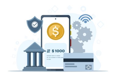 Çevrimiçi mobil bankacılık kavramı. Çevrimiçi ödemeler ve elektronik fatura ödemeleri. İşlem güvenliği. Mobil bankacılık uygulama tasarım konseptleri koleksiyonu. Arkaplanda düz vektör illüstrasyonu.