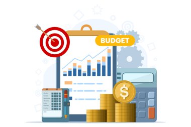 İş stratejisi bütçesi, finans ve muhasebe, bütçe hesaplaması, ekonomi ve yatırım, büyüme stratejisi veya mali hedefleri gibi kavramlar. vektör paneli düz tasarım illüstrasyon ve arkaplan.